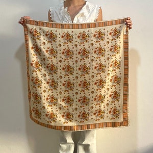 80s Silk Twill Beige And Pink Fall Leaves And Flowers Bouquet Scarf