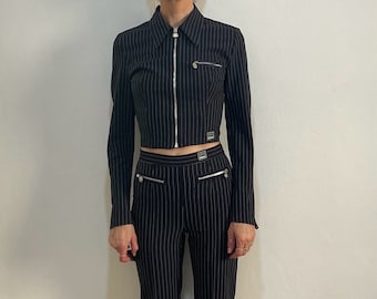 90s Versace Jeans Couture Pinstripe Suit Set With Rhinestone Medusa Buttons