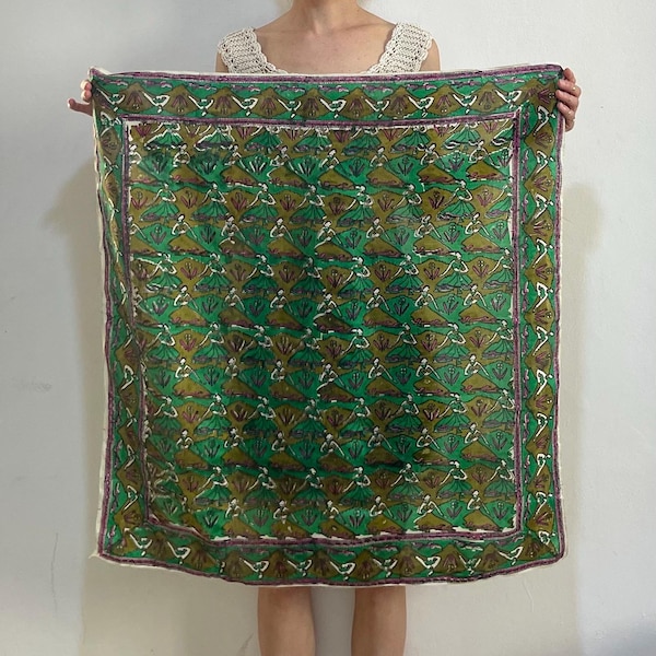 Bufanda de gasa india de seda de los años 70 con estampado geométrico de bloques de píxeles, estilo bohemio hippie, batik, pintada a mano