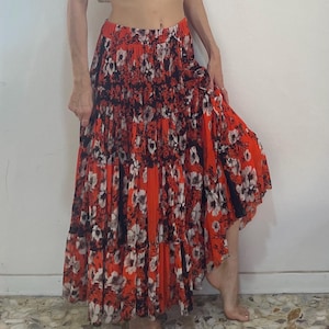 90s Jean Paul Gaultier Orange Floral Multi Tiered Ruffled Club Kid Sheer Mesh Peasant Skirt