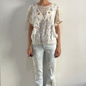 80s Mixed Material Lace And Linen Beaded And Embroidered Shirt