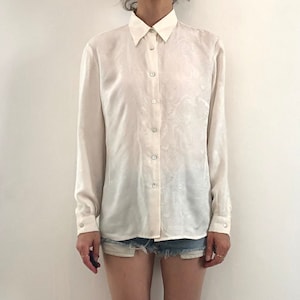 80s White Silk Paisley Jacquard Minimalist Satin Blouse Shirt