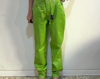 90s Versace Jeans Couture Lime Green Satin Club Kid Jeans New With Tags