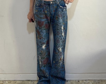 Vaqueros Roberto Cavalli de los 90 con estampado Tapestry y destellos dorados, talla grande.