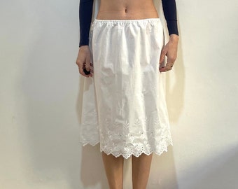80s Sheer White Cotton Embroidered Skirt Slip With Elastic Waist