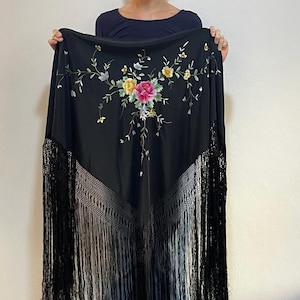 30s Silk Maxi Fringe Hand Embroidered Roses Triangular Piano Shawl Scarf Stevie Nicks Boho Festival