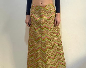 70s Maxi Skirt Gold Lurex Green And Pink Zig Zag Tailor Made