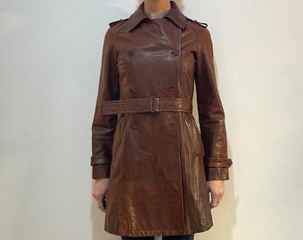 90s Miu Miu Cognac Leather Double Breasted Trench Coat With Belt