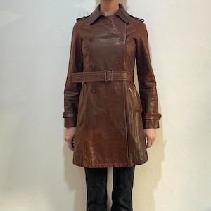 90s Miu Miu Cognac Leather Double Breasted Trench Coat With