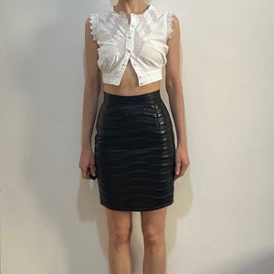 90s Versace Black Leather Mini Skirt With Quilted Stitched Finish Extra Small