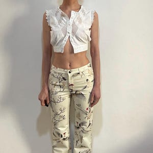 Y2K Cavalli Asian Cranes Birds Print Gold Sparkle Euro Trash