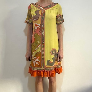 60s Emilio Pucci Silk Psychedelic Shift Dress Yellow Orange Floral Pattern Mod Mini Dress