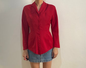 80s Thierry Mugler Red Wool Wasp Waist Dramatic Jacket With Back  