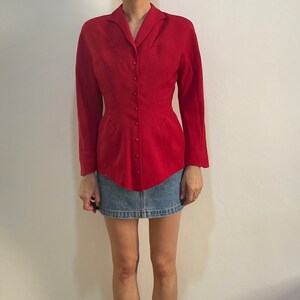 80s Thierry Mugler Red Wool Wasp Waist Dramatic Jacket With Back Belt