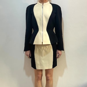 80s Thierry Mugler Wasp Waist Silhouette Corset Avant Garde Zip Up Jacket And Skirt Suit Set