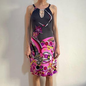 Y2K Emilio Pucci Silk Jersey Psychedelic Summer Party Dress Metal Collar Jewelry