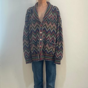 90s Missoni Geometric Multi Color Zig Zag Wool Cardigan With Shawl Collar Larg Size