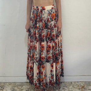 90s Jean Paul Gaultier Cream And Orange Floral Multi Tiered Ruffled Club Kid Sheer Mesh Peasant Skirt