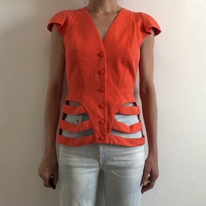 80s Thierry Mugler Avant Garde Cut Out Cage Jacket Neon Orange Snap Up