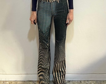 Y2K Roberto Cavalli Euro Trash Psychedelic Melting Houndstooth Stretch Flare Leg Jeans