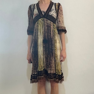 90s Jean Paul Gaultier Silk Plisse Pleated Empire Waist Romantic Velvet Boho Dress