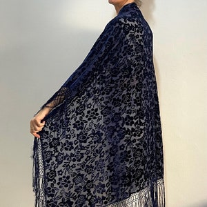90s Silk Velvet Burn Out Midnight Blue Floral Romantic Boho Hippy Fringe Scarf