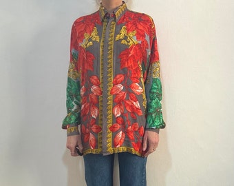 90s Istante Gianni Versace Silk Twill Graphic Bold Color Block Luxurious Autumn Blouse Shirt