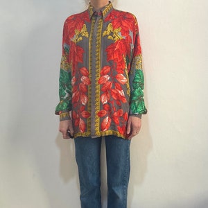 90s Istante Gianni Versace Silk Twill Graphic Bold Color Block Luxurious Autumn Blouse Shirt
