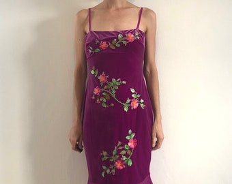 90s Betsey Johnson Embroidered Stretch Velvet Empire Waist Flirty Mini Dress