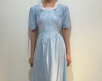 30s Bias Cut Pale Blue Cotton Square Neckline Sweet Nightgown Hostess Gown