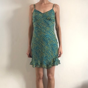 90s Betsey Johnson Silk Bias Cut Slip Dress Turquoise Snake Skin