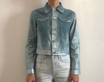 Y2K Phard Giacca in jeans elasticizzato corto vintage argento