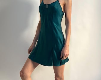 90s Victoria's Secret Green Silk Bias Cut Mini Slip Dress With Embroidered Net Neckline