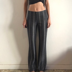 90s Vivienne Tam Low Waist Flare Leg Wavy Optical Poly Black And White Club Kid Pants Jeans