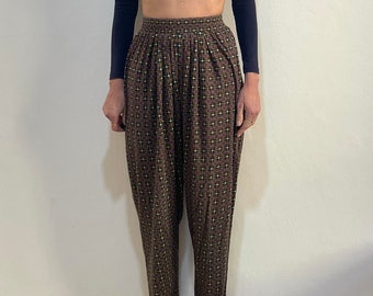 80s Kenzo Cotton Jersey Geometric Floral Printed High Waisted Pleated Trousers
