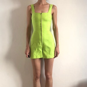 90s Claude Montana Acid Green Minimalist Romper Jumpsuit Zip Up The Front Size XS