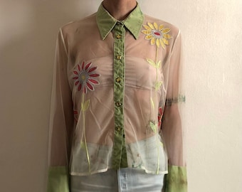 90s Romeo Gigli Sheer Mesh Embroidered Floral Blouse With Jewel Buttons