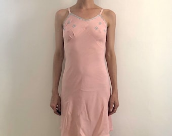 40s Bias Cut Pink Rayon Slip Hand Embroidered Bodice With Floral Appliqué