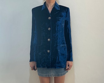 90s Versace Versus Royal Blue Crushed Velvet Power Jacket With Maxi Silver Medusa Buttons