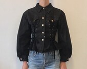 80 39 s Jean Paul Gaultier Junior Black Denim Lace Up Corset Jacket Tiny Golden Floral Print