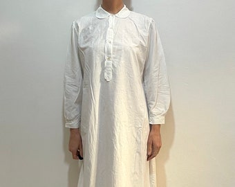 30s White Cotton Hand Embroidered Long Sleeve Victorian Nightgown With Lace Trim