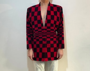 90s Gianni Versace Optical Art Wool Jacket Red Black Blanket Coat