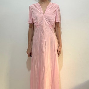 30s Bias Cut Pink Silk Slip Dress Entirely Hand Stitched With Cut Out Lace Embroidery