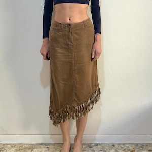 Y2K Plein Sud Raw Fringe Brown Cotton Denim Maxi Skirt Western Cowgirl