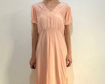 30s Bias Cut Pink Rayon Slip Dress With Hand Stitched Pin Tucks And Floral Embroidery