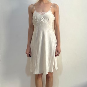 30s White Silk Bias Cut Minimalist Slip Dress Entirely Stitched By Hand Jacquard Paisley Print