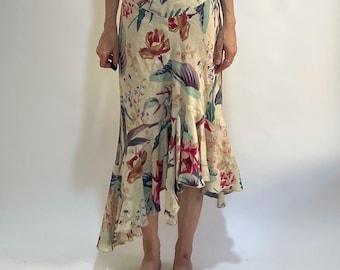 80s Kenzo Linen Asymmetrical Floral Flirty Bias Cut Skirt