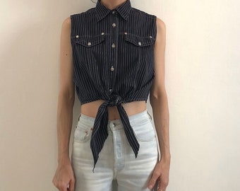 90s Versace Jeans Couture Preppy Crop Top Black & White Pinstripe Medusa Buttons
