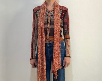 90s Jean Paul Gaultier Damaged Condition Club Kid Patchwork Cropped Cardigan Indian Arabesque Block Print Top With Giant Scarf