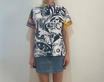 90s Gianni Versace New York City Multi Color Super Model Shirt Button Up Blouse